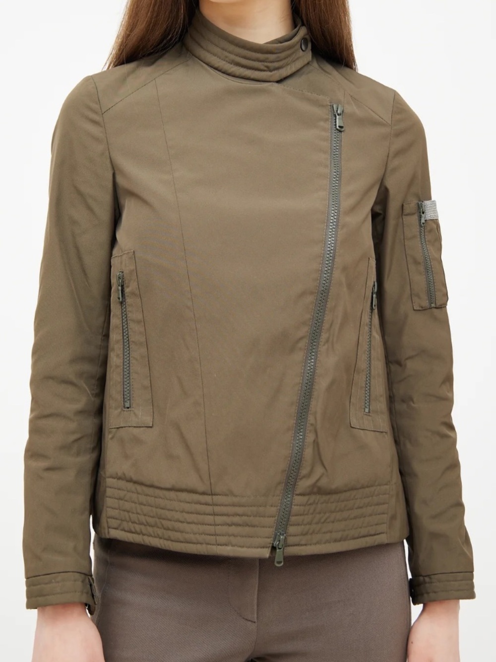 Brunello Cucinelli Nylon Monili Trim Moto Jacket Sz 4